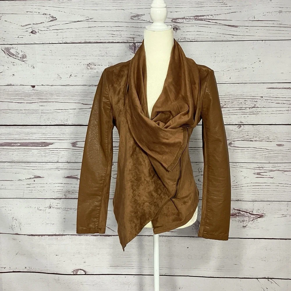 BLANKNYC Leather Jacket Womens Sz Small Brown Draped Moto‎ Asymmetrical Zip